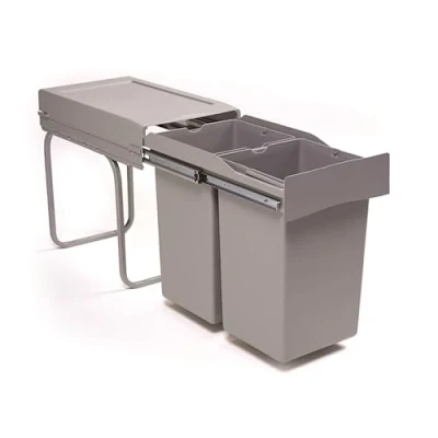 Afbeelding van Victory Inbouw afvalbak Double Man Deluxe 28 liter in aluminium grijs volledig uittrekbaar vuilnisemmer