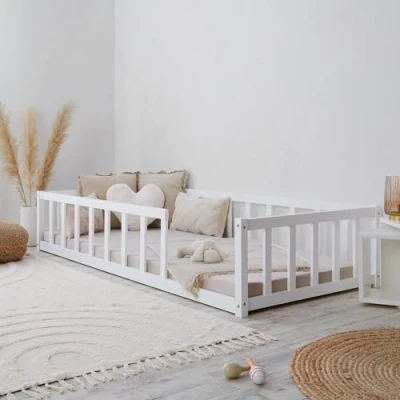 Afbeelding van Homestyle4u 2523 Montessori kinderbed, met uitvalbeveiliging, 90 x 200 cm, vloerbed lattenbodem, peuterbed, wit