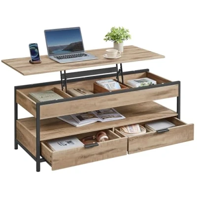 Afbeelding van VASAGLE salontafel, in hoogte verstelbare met lades, open vak, 50 x 120 cm, camelbruin en inktzwart LCT252K02