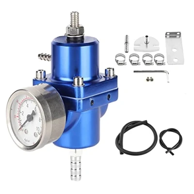 Afbeelding van Brandstofdrukregelaar kit, auto brandstofdrukregelaar, aluminiumlegering universele FPR drukregelaar met manometerslang 0 140 psi instelbaar (blauw)