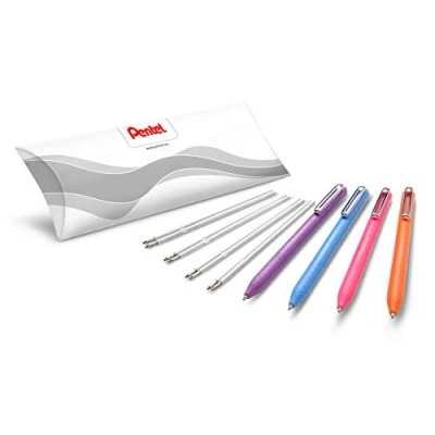 Afbeelding van Pentel iZee BX470 balpen, lage viscositeit, brede punt, 1 mm, 4 stuks + zakjes met elk 2 vullingen, oranje, roze, hemelsblauw, violet