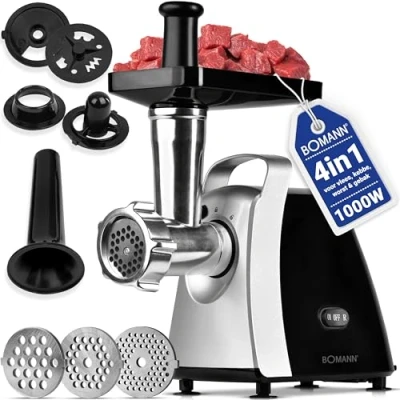 Afbeelding van Bomann® vleesmolen 1000W met opzetstuk voor koekjes/gebakjes elektrische 3 metalen geperforeerde schijven vooruit en achteruit incl. worstvuller hals worm FW 6067 CB