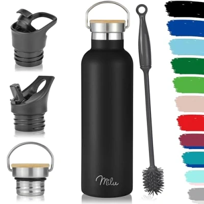 Afbeelding van Milu Roestvrij Staal Vacuüm Geïsoleerde Waterfles 500ml, 750ml, 1l (+3 Deksels) Dubbelwandige Metalen Fles, Voor Warme, Koude &amp; Koolzuurhoudende Dranken (Zwart, 750ml)