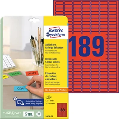 Afbeelding van Avery Gekleurde etiketten 25,4 x 10 mm, rood, Inkjetprinter, Laserprin