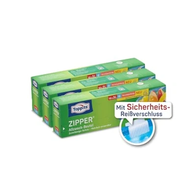 Afbeelding van Toppits Zipper Multifunctionele zakjes, 3 x 18 stuks, speciale folie, scheurvast, herbruikbaar, transparant