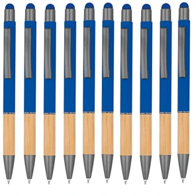 Afbeelding van noTrash2003 10 ergonomische balpennen met metalen punt en bamboe gripzone touchfunctie kleuren balpen meerkleurig blauw schrijvend (Royal)