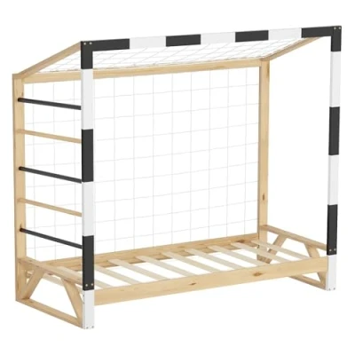 Afbeelding van Kinderbed voetbaldoel 80x160 cm houten bed met lattenbodem klimladder &amp; net jeugdbed van grenenhout ML design