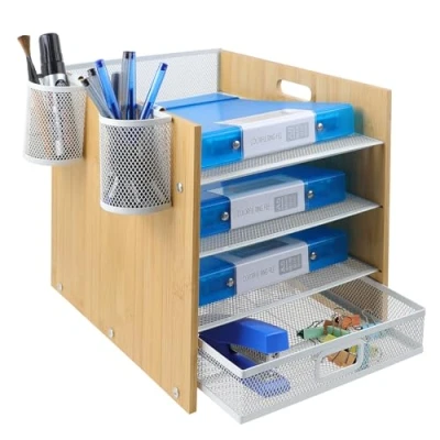 Afbeelding van TSDRBWO 4 Tier Bamboe Papier Brievenlade Organizer met Lade, Metalen Mesh Archiefladen voor Kantoorbenodigdheden Bureau Tidy Organisatoren A4 Mail Document File Opslag Houder Handvat Thuis
