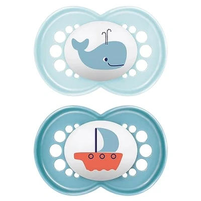 Afbeelding van MAM Originele fopspeen in set van 2, tandvriendelijke babyfopspeen duurzame en biologisch hernieuwbare materialen, speen SkinSoft siliconen, met fopspeenbox, 16+ maanden, wal/boot