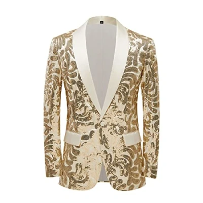 Afbeelding van PYJTRL Herenblazer met elegant satijnen gezicht en pailletten, bloemenpatroon, champagne goud, M