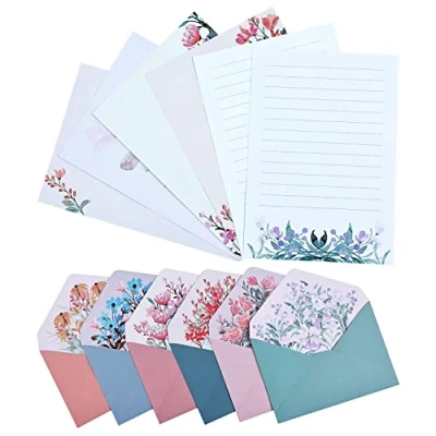 Afbeelding van 24 stuks schrijfpapier met 12 enveloppen, briefpapier en set uniek bloemontwerp, gelinieerde briefschrijfset voor uitnodigingsgeschenken (6 sets)