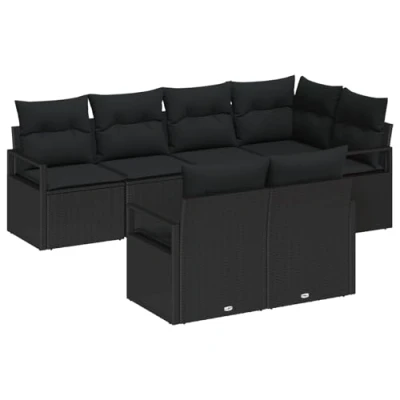 Afbeelding van vidaXL 7 Delige Tuin Sofa Set met Kussens Zwart Poly Rattan, 2 Zits Opbergruimte &amp; Rattan