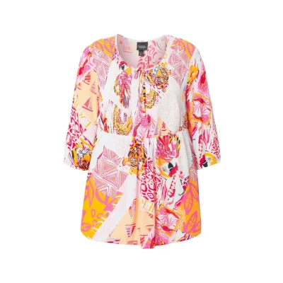 Afbeelding van Ulla Popken Printed Smocked Bodice 3/4 Sleeve Blouse, Dames, Maat: 42/44, Snow white