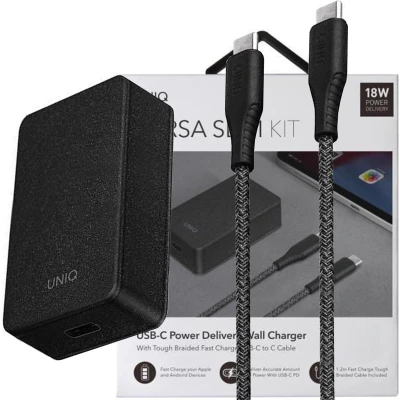 Afbeelding van Uniq Versa Slim LITHOS Collective USB C PD 18W wandlader + C/USB kabel zwart