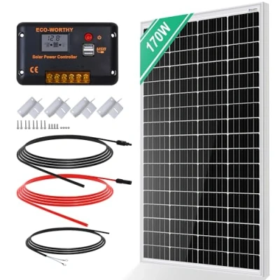 Afbeelding van ECO WORTHY Monokristallijn zonnecelkit 170 W bevat 12 V zonnepaneel + 30 A zonne laadregelaar 5 m zonnekabel Z bevestigingsklemmen voor camper, caravan, huishouden en off grid systeem