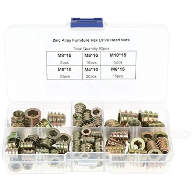 Afbeelding van 80 stks M4/M5/M6/M8/M10 Insert Moer Zinklegering Schroef in Type Hex Drive Schroefdraad Meubels Noten Bout Assortmen Reparatie Tool Set