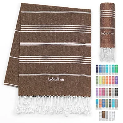 Afbeelding van LeStoff de traditionele Hamamdoek Strandlaken Badhanddoek Saunahanddoek Douchehanddoek Spa Sport Yoga Reizen 100% Biologisch Katoen. Duurzaam, natuurlijk, zacht en voorgewassen. (95 x 180 cm, Brown)