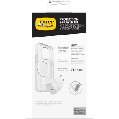 Afbeelding van OtterBox Protection Bundel voor iPhone 16 Pro; Symmetry Series Clear MagSafe Dunne Beschermende Hoes, Premium Glass Screenprotector en EU 30W USB C Snelle wandoplader
