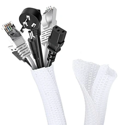 Afbeelding van Romon Kabelafdekking, 3 m, 13 22 mm, uitbreidbaar, gevlochten, zelfsluitend, verborgen kabelorganizer, voor pc, kantoor, bioscoop, beschermt hond en kat tegen kauwkabels, wit