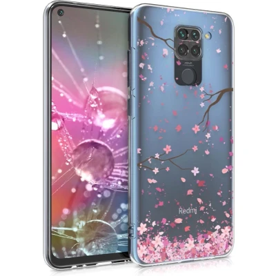 Afbeelding van kwmobile telefoonhoesje compatibel met Xiaomi Redmi Note 9 Hoesje voor smartphone in poederroze/donkerbruin/transparant Kersenbloesembladeren