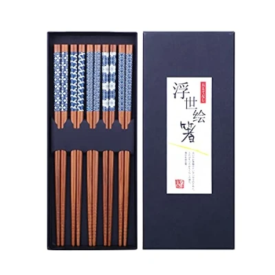 Afbeelding van HAUTOCO 5 paar Japanse stijl bamboe eetstokjes herbruikbare met doos, vaatwasmachinebestendig eetstokjes, 22,5 cm