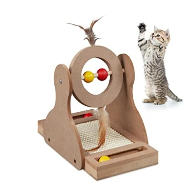 Afbeelding van Relaxdays kattenspeelgoed sisal krabplank roterend kattenspeeltje veren en balletjes