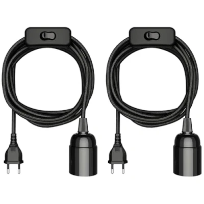 Afbeelding van ledscom.de 2 stuks textielkabel LEHA, stekker, schakelaar, zwart, 3m, fitting, 1x E27 max. 60W