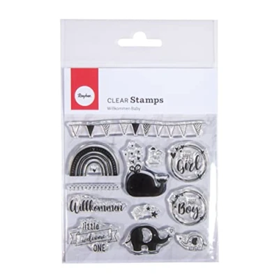Afbeelding van Rayher Clear Stamps Welkom Baby, vel 97 x 102,5 cmm, 12 motieven, helder, transparante stempel, doorzichtig, siliconen 50257000