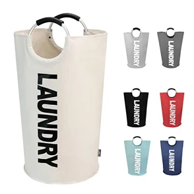 Afbeelding van DOKEHOM 90L Grote Wasmand, Inklapbare Waszak, Zelfstandige Hoge Waskorf, Opvouwbare Wasbak (Beige)