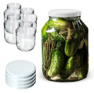 Afbeelding van KADAX weckpotten, 2,5 l, weckpot om in te leggen, fi100 mm, inmaakpotten, voorraadpot, komkommerglas, conservenglas, ronde glazen, weckpotten (4 stuks, wit deksel)