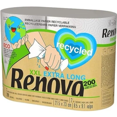 Afbeelding van Renova Recycling keukenrollen, 2 rollen, verpakt in papier, komt overeen met 5 standaard plasticvrij, FSC® en Ecolabel gecertificeerd