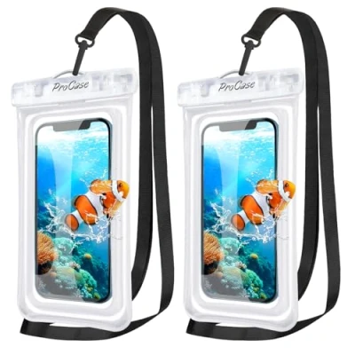Afbeelding van ProCase 2 stuks drijvend waterdicht telefoonzakje, tot 7 inch onderwater droge tas hoes voor Galaxy S23 S22 Ultra S22+ S21 FE, iPhone 15 14 Plus Pro Max 13 12 11 transparant