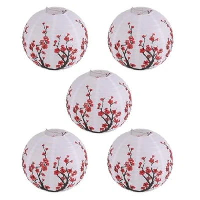 Afbeelding van Kopinma Chinese papieren lantaarns, lampions op te hangen, graflantaarn, kersenbloesem, Oosterse lantaarnset van 5, tuinfeest, lampenkap, hemellantaarn, lantaarns voor buiten (rood)