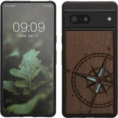 Afbeelding van kwmobile telefoonhoesje geschikt voorGoogle Pixel 7 Hoesje met bumper walnoothout In donkerbruin Parelmoer kompas design