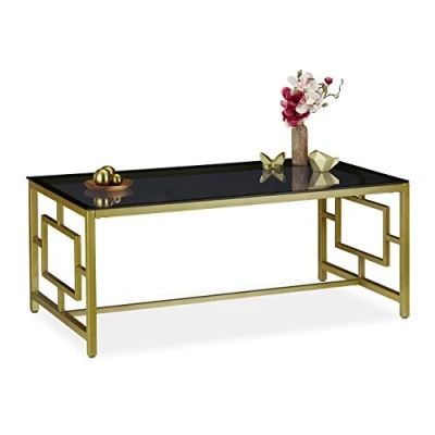 Afbeelding van Relaxdays salontafel, zwarte glasplaat, robuust metalen frame, bijzettafel, HxBxD: 45 x 110 60 cm, zwart goud