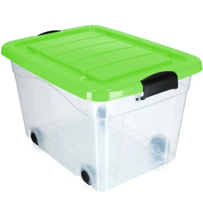 Afbeelding van KADAX Kunststof container met wieltjes, 40 liter, groene opbergdoos van kunststof, organizer deksel, clipbox voor speelgoed, opbergcontainer kliksluiting