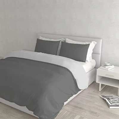 Afbeelding van Italian Bed Linen Naturel Color Dekbedovertrek Set met Doubleface Effen Kleur Zaklaken en Kussensloop, Licht Grijs/Rook, Dubbel