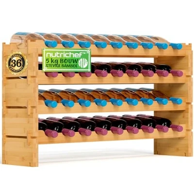 Afbeelding van NutriChef, Wijnrek,Bamboe Stapelbaar Flessenrek 8 Lagen 72 Flessen Capaciteit Vrijstaand Wijnrek voor Vloer Modulaire Opslag Display Plank Keuken en Wijnkelder 85,1 cm x 25,4 106,7