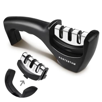 Afbeelding van PORTENTUM Professionele messenslijper voor keukenmessen, 3 standen, ergonomisch design met zwart en verchroomd oppervlak