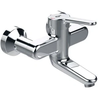 Afbeelding van Ideal standard ceraplus 2 wandkraan met draaibare uitloop 10cm metalen greep 11cm hoh 15cm afsluitbare koppelingen chroom bc110aa