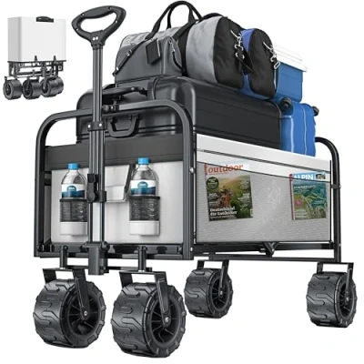 Afbeelding van KESSER® bolderkar, opvouwbaar, met brede banden, transportkar, gereedschapswagen, incl. 2 netvakken, inklapbaar, kunststof transportwagen, tuinaanhanger, grijs