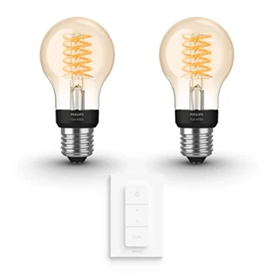 Afbeelding van Philips Hue White E27 Uitbreidingspakket 2 Lampen en Dimmer Switch Warm Licht Filament Standaard Werkt met Alexa Google Home