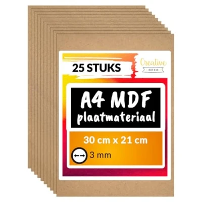 Afbeelding van Creative Deco 25 x A4 MDF Plaat 300 210 3 mm Perfect voor Lasersnijden, CNC Frezen, Modelleren, Freeswerk