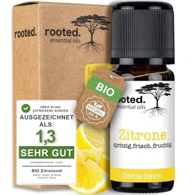 Afbeelding van rooted. Etherische olie van biologische citroen, 10 ml, 100% zuiver, citrus limon, voor aromatherapie, diffuser, geurlamp, kamergeur, kaarsen en zeep