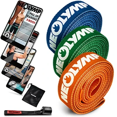 Afbeelding van NEOLYMP Pull up Weerstandsbanden gemaakt van stof + E book met meer dan 100 oefeningen (Set 3 blauw/groen/oranje) band Resistance bands set fitness