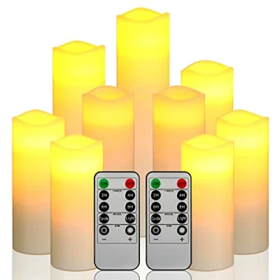 Afbeelding van Da by LED kaarsen, Candles Battery Candle Set van 9 (1 H 22cm, 1 H20cm, H18cm, 2 H16cm, H14cm, H13cm) Ivoor echte waskaars met timer op afstand