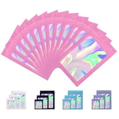 Afbeelding van Rimiko 50st Hersluitbare Mylar Zak, Ritssluiting Plastic Zakjes voor Voedsel, Rits Aluminiumfolie Zakken met Doorzichtig Venster, Ziplock Kleurverpakking (Roze holografisch, 16x24 cm)