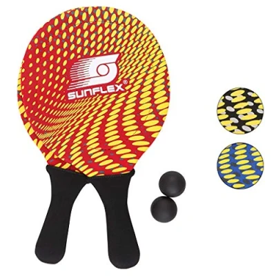 Afbeelding van Sunflex Neopreen Beachball Set Splash met twee rackets en ballen in rood, zacht licht, extreem robuust waterdicht