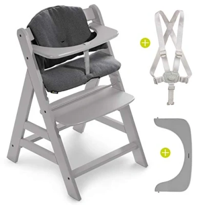 Afbeelding van hauck Kinderstoel Alpha Plus Houten Meegroeistoel incl. Gordel en Premium Stoelverkleiner Grijs/Jersey Charcoal