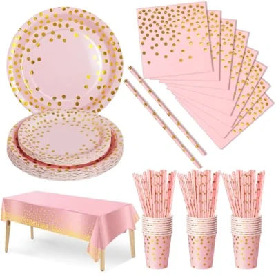 Afbeelding van Nkaiso Partyservies, 126 stuks Happy Everyday Feestaccessoires, Roze Goud kartonnen borden set, verjaardagsservies borden, servetten voor kinderverjaardag, verjaardagsfeest 25 gasten